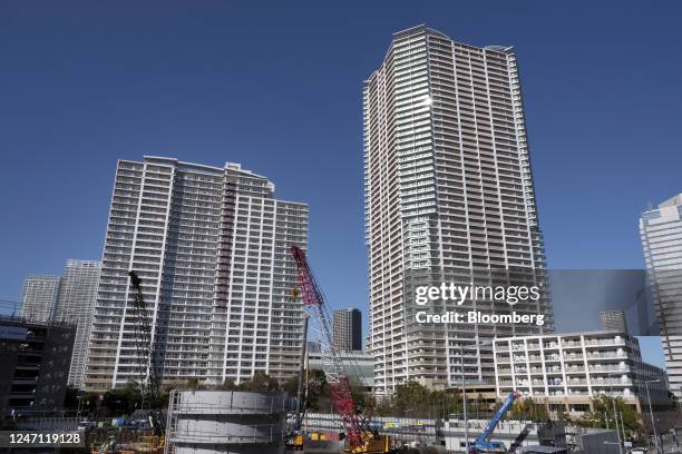 Residential buildings in the Toyosu area in Tokyo, Japan, on Saturday, Feb. 11, 2023. Tokyo's condo market is showing early signs of cooling after...