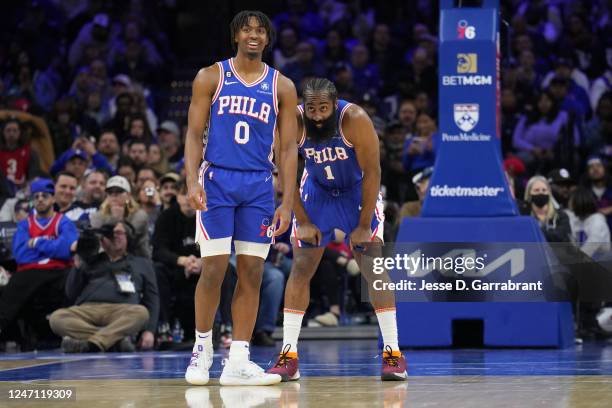 Tyrese Maxey and James Harden of the Philadelphia 76ers during the game against the Houston Rockets on February 13, 2023 at the Wells Fargo Center in...