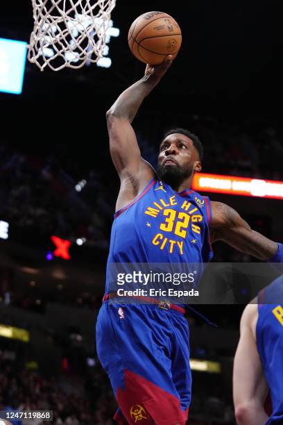 Jeff Green of the Denver Nuggets drives to the basket during the game against the Miami Heat on February 13, 2023 at Miami-Dade Arena in Miami,...