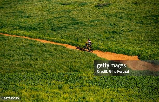 Mountain biker rides through the lush green landscape brought on by recent rain storms at the Hidden Valley Wilderness Area on February 13, 2023 in...