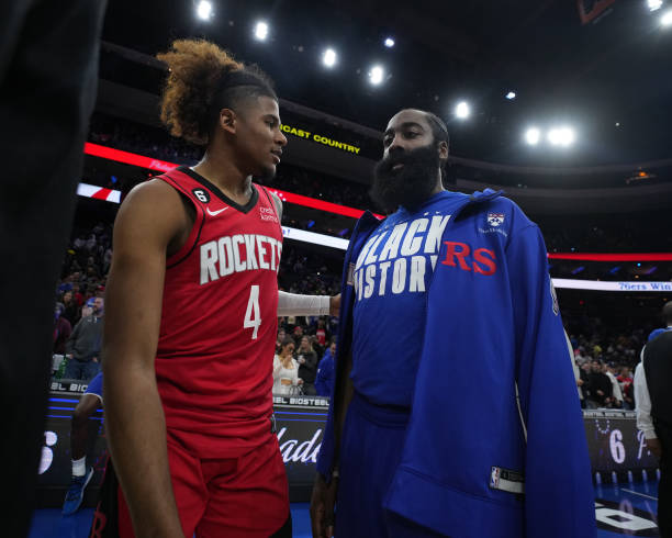 Jalen Green of the Houston Rockets and James Harden of the Philadelphia 76ers after the game on February 13, 2023 at the Wells Fargo Center in...