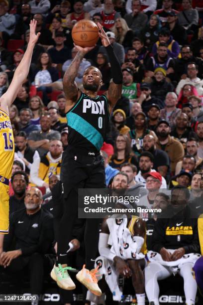 Damian Lillard of the Portland Trail Blazers shoots the ball during the game against the Los Angeles Lakers on February 13, 2023 at the Moda Center...