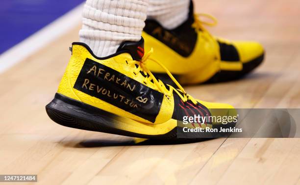 View of the shoes worn by Kyrie Irving of the Dallas Mavericks as the Mavericks play the Minnesota Timberwolves in the second half at American...