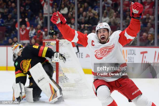 Dylan Larkin of the Detroit Red Wings celebrates after scoring a goal against Collin Delia of the Vancouver Canucks during the first period of the...