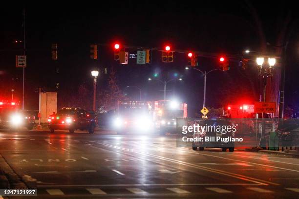 Police and emergency vehicles are on the scene of an active shooter situation on the campus of Michigan State University on February 13, 2023 in East...