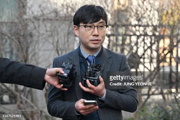 South Korean attorney Lee Jong-chan, who represents Russian asylum seekers stranded at Incheon International Airport, speaks to reporters outside the...