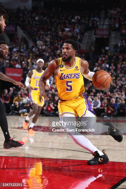 Malik Beasley of the Los Angeles Lakers drives to the basket during the game against the Portland Trail Blazers on February 13, 2023 at the Moda...