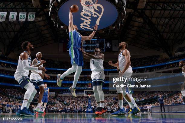 Dwight Powell of the Dallas Mavericks drives to the basket during the game against the Minnesota Timberwolves on February 13, 2023 at the American...