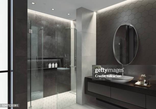 modern black and white bathroom with hexagonal tiles - luxury bathroom stock pictures, royalty-free photos & images