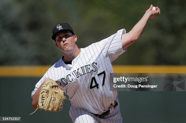 Starting pitcher Drew Pomeranz of the Colorado Rockies delivers against the Cincinnati Reds at Coors Field on September 11, 2011 in Denver, Colorado....