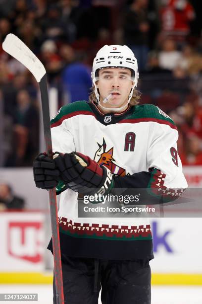 Arizona Coyotes right wing Clayton Keller looks on during an NHL game against the Chicago Blackhawks on February 10, 2023 at United Center in...