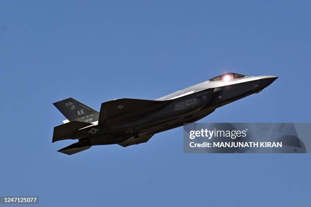 Air Force's fifth-generation supersonic multirole F-35 fighter jet flies past during a flying display on the second day of the 14th edition of Aero...