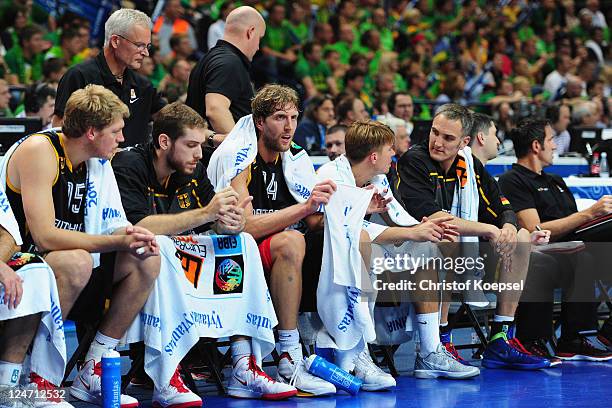 Jan-Hendrik Jagla, Tim Ohlbrecht, Dirk Nowitzki, Steffen Hamann, Sven Schultze of Germany look dejected during the EuroBasket 2011 second round group...