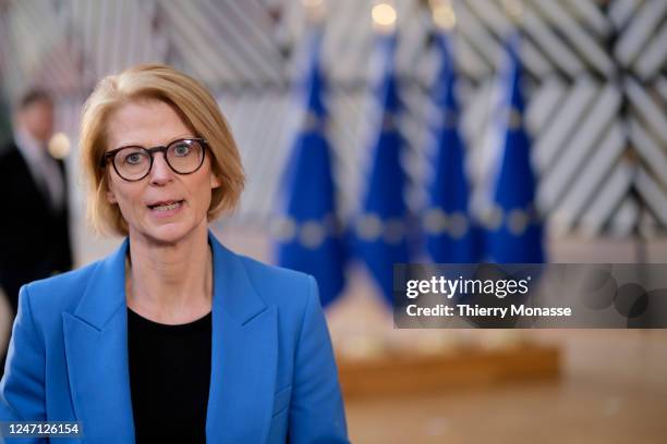 Swedish Minister for Finance, President of the Council Elisabeth Svantesson is talking to media prior the start of an EU EcoFin Ministers meeting in...
