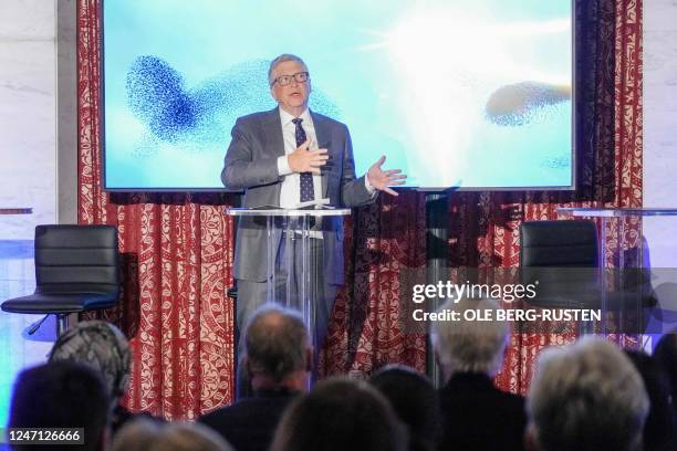 Bill Gates, Microsoft co-founder and co-chair of the Bill and Melinda Gates Foundation, addresses guests during the Oslo Energy Forum OEF 2023 at the...