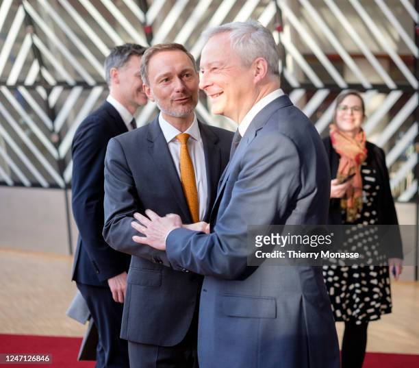 German Federal Minister of Finance Christian Lindner talks with the French Minister of the Economy, Finance and Recovery Bruno Le Maire prior the...