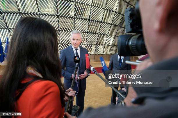 French Minister of the Economy, Finance and Recovery Bruno Le Maire talks to media prior the start of an EU EcoFin Ministers meeting in the Europa,...