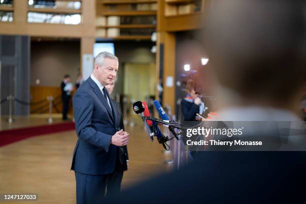 French Minister of the Economy, Finance and Recovery Bruno Le Maire talks to media prior the start of an EU EcoFin Ministers meeting in the Europa,...