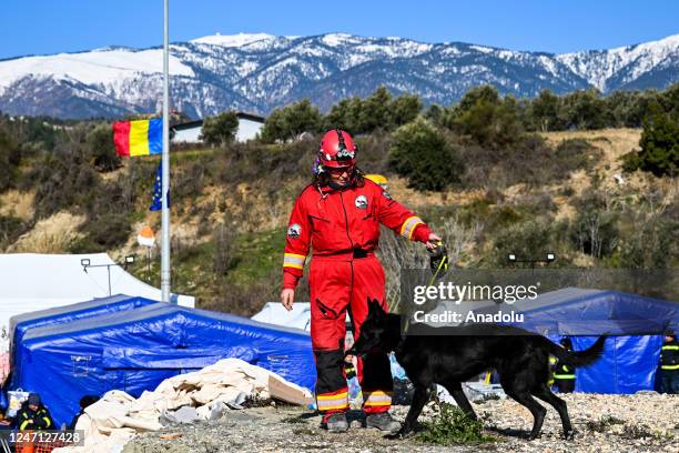 Romanian rescuers attend search and rescue afforts after the powerful twin earthquakes hit Turkiye's Hatay, on February 14, 2023. On Feb. 06, a...