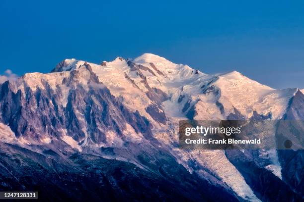 The summits of Mont Blanc du Tacul, Aiguille du Midi, Mont Maudit, Mont Blanc, Dome du Goutier, from left, and the Bossons Glacier at sunset.