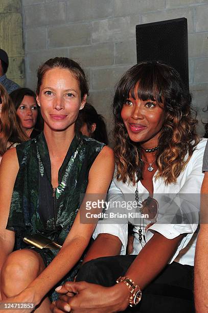 Christy Turlington and Naomi Campbell attend the Edun Spring 2012 fashion show during Mercedes-Benz Fashion Week at 330 West Street on September 11,...