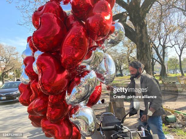 February 2023, Pakistan, Islamabad: Mohamed Farman, a street vendor in Islamabad, sells heart balloons for Valentine's Day. Normally, he is a cab...
