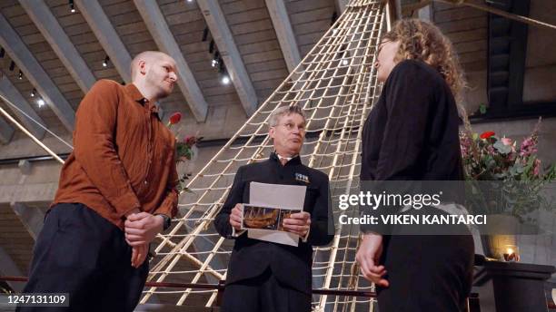 Museum historian Hans-Lennart Ohlsson officiates the wedding of Bizzy Klein and Robert Djurberg at The Vasa Museum in Stockholm, Sweden on...