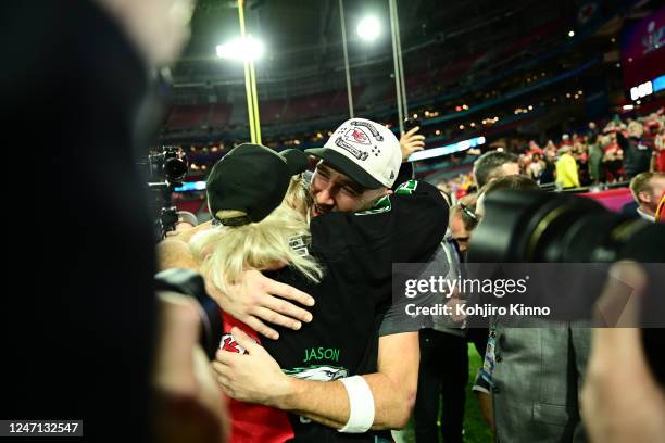 Super Bowl LVII: Kansas City Chiefs Travis Kelce celebrates after defeating the Philadelphia Eagles with his mother Donna Kelce at State Farm...