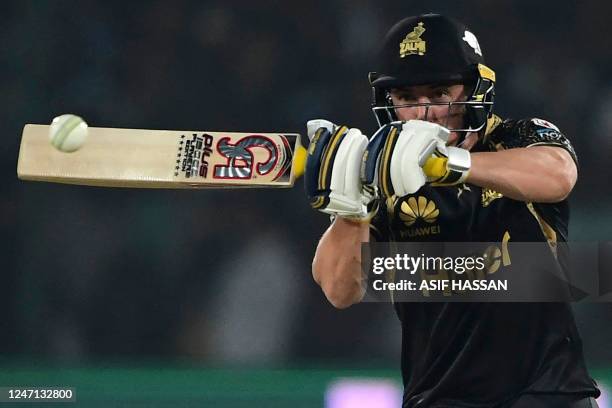 Peshawar Zalmi's Tom Kohler-Cadmore plays a shot during the Pakistan Super League Twenty20 cricket match between Karachi Kings and Peshawar Zalmi at...