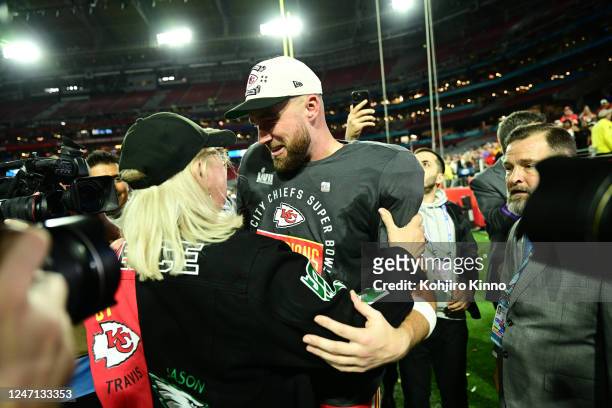 Super Bowl LVII: Kansas City Chiefs Travis Kelce celebrates after defeating the Philadelphia Eagles with his mother Donna Kelce at State Farm...
