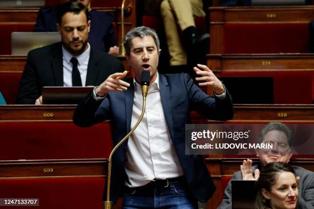 French leftist La France Insoumise party member of parliament Francois Ruffin speaks during a session to discuss the government's pensions reform...