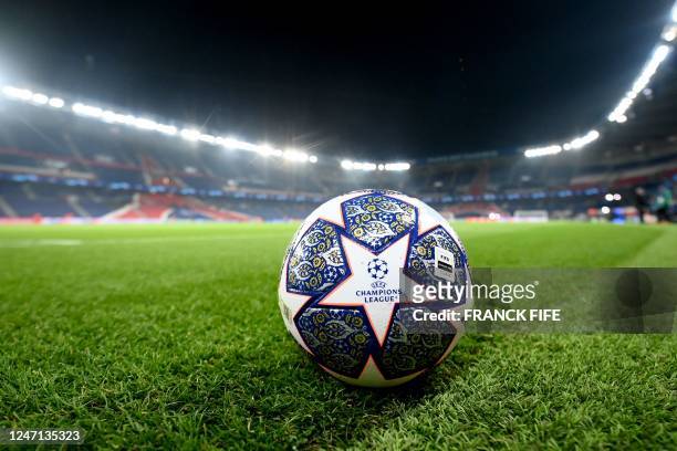 Champions League official ball is seen in the pitch prior to first leg of the UEFA Champions League round of 16 football match between Paris...