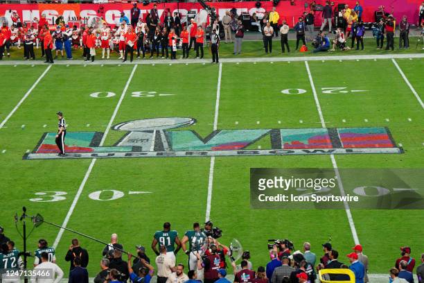 Super Bowl LVII logo is displayed during Super Bowl LVII between the Kansas City Chiefs and the Philadelphia Eagles on February 12, 2023 at State...