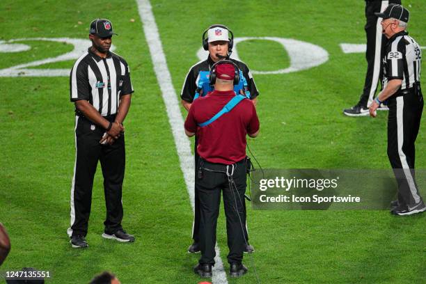 Referee Carl Cheffers watches the instant replay during Super Bowl LVII between the Kansas City Chiefs and the Philadelphia Eagles on February 12,...