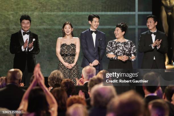 January 19, 2020: The cast of Parasite introduces their film during the show at the 26th Screen Actors Guild Awards at the Los Angeles Shrine...