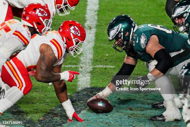 Philadelphia Eagles center Jason Kelce prepares to snap the ball during Super Bowl LVII between the Kansas City Chiefs and the Philadelphia Eagles on...