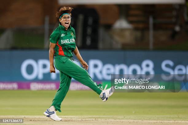 Bangladesh's Fahima Khatun reacts during the Group A T20 women's World Cup cricket match between Australia and Bangladesh at St George's Park in...