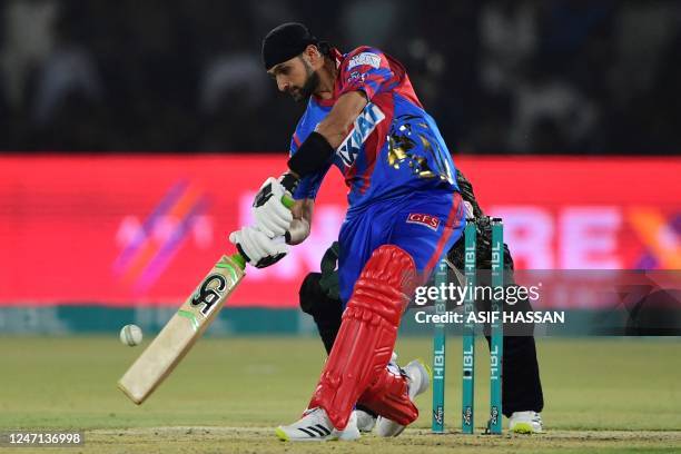 Karachi Kings' Shoaib Malik plays a shot during the Pakistan Super League Twenty20 cricket match between Karachi Kings and Peshawar Zalmi at the...