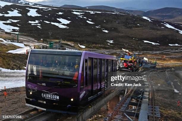 The funicular railway which transports snowsports enthusiasts and other visitors to the upper slopes of Cairngorm, on February 14, 2023 in Aviemore,...