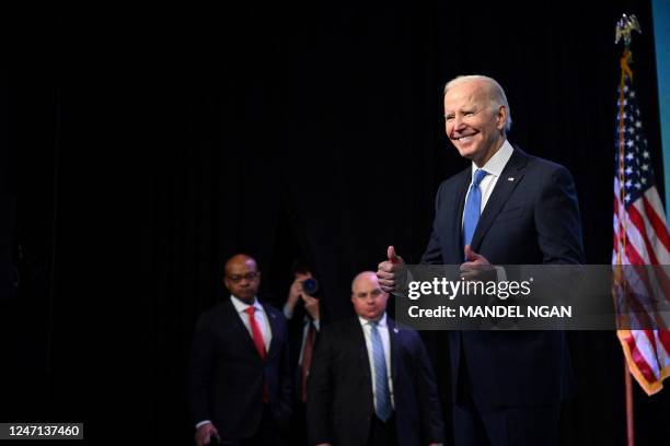 President Joe Biden gives the thumbs up after delivering the keynote address during the National Association of Counties at the Washington Hilton...