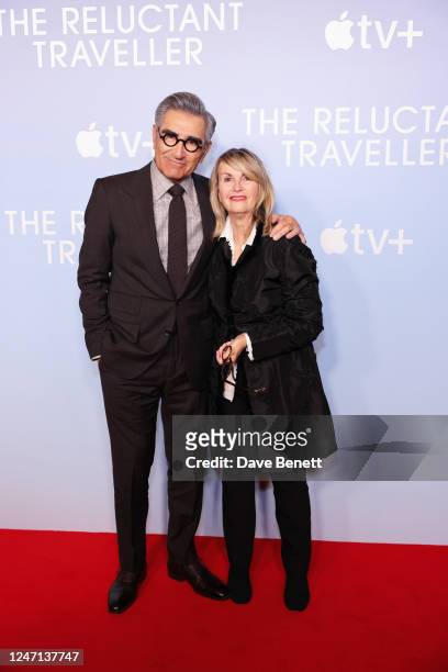 Eugene Levy and wife Deborah Divine attend the UK Premiere of "The Reluctant Traveller" at Everyman Borough Yards on February 14, 2023 in London,...