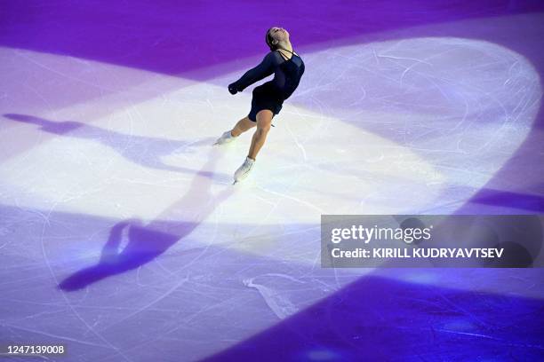 Russia's figure skater Kamila Valieva takes part in a show at the CSKA arena in Moscow on February 14, 2023. - Russian figure skating prodigy Kamila...