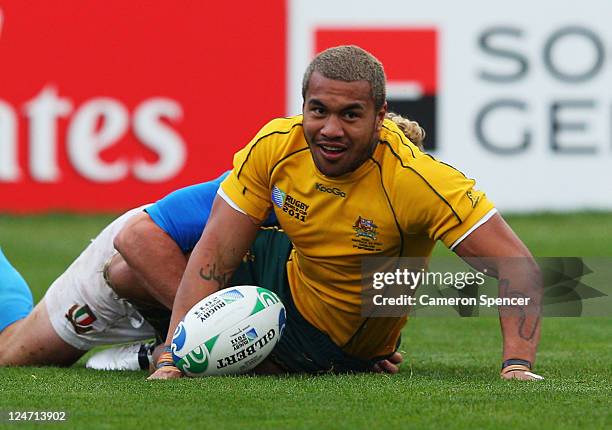 Digby Ioane of the Wallabies celebrates his try during the IRB 2011 Rugby World Cup Pool C match between Australia and Italy at North Harbour Stadium...