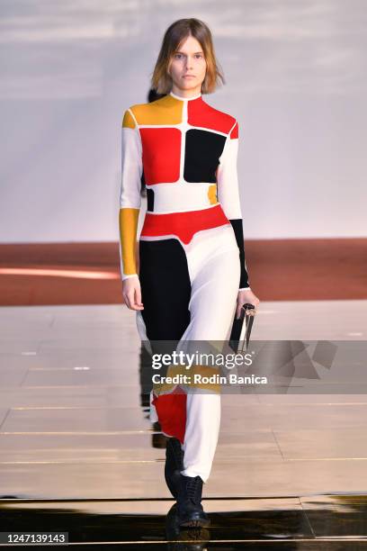 Model on the runway at Gabriela Hearst Fall 2023 Ready To Wear Fashion Show at Agger Fish Building on February 14, 2023 in New York, New York.