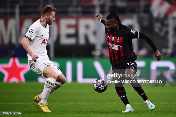 Milan's Portuguese forward Rafael Leao challenges Tottenham Hotspur's Swedish midfielder Dejan Kulusevski during the UEFA Champions League round of...