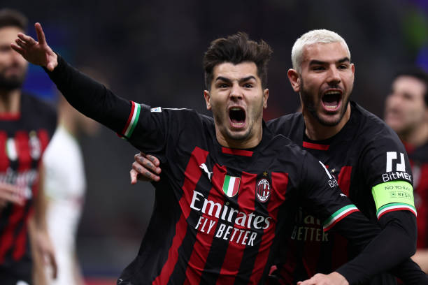 Brahim Diaz of Ac Milan celebrates after scoring his team's first goal during the UEFA Champions League round of 16 leg one match between AC Milan...