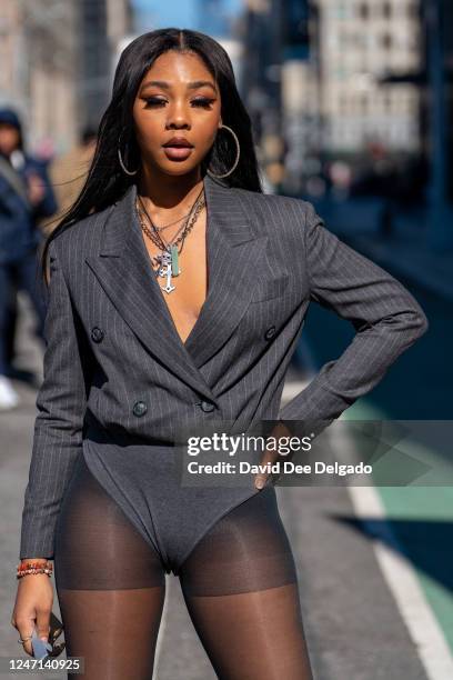 Jazzy Lopez is seen wearing head to toe Michael Kors to New York Fashion Week at Spring Studios on February 14, 2023 in New York City.