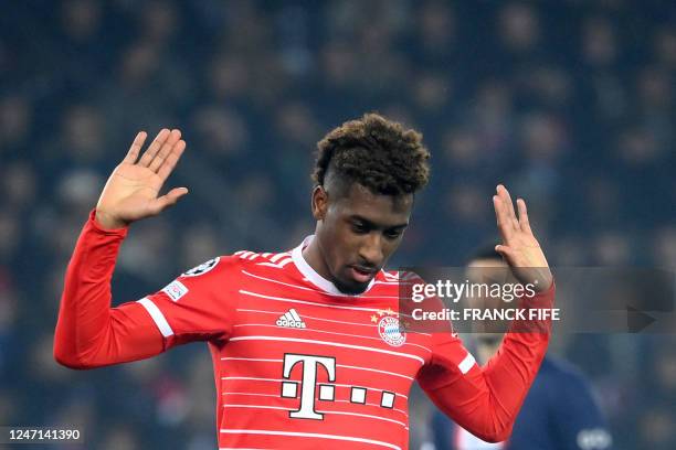 Bayern Munich's French forward Kingsley Coman celebrates scoring his team's first goal during first leg of the UEFA Champions League round of 16...