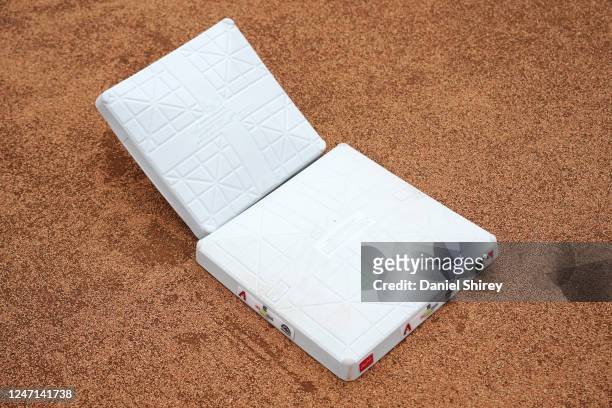 Detailed view of a new base as compared to an old base is seen during the On-Field Rules Demonstration at Salt River Fields in Scottsdale on Tuesday,...