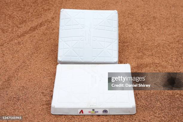 Detailed view of a new base as compared to an old base is seen during the On-Field Rules Demonstration at Salt River Fields in Scottsdale on Tuesday,...